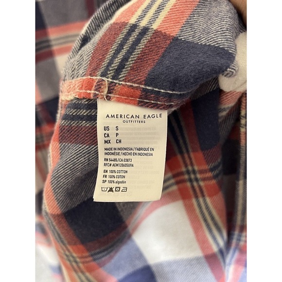 American Eagle Plaid Flannel Shirt Men Size Small Blue Red Long Sleeve Button Up - Picture 4 of 11